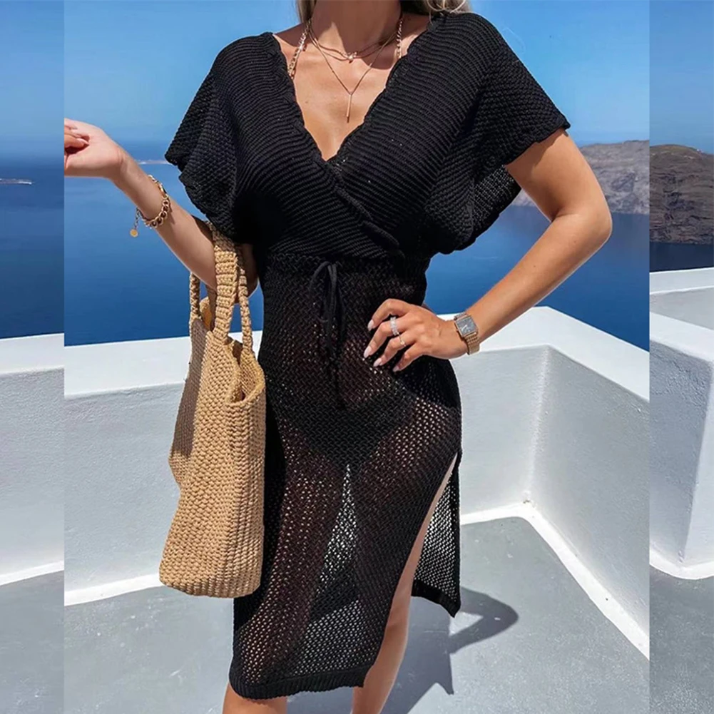 

Women V Neck Swimwear Short Sleeve Crochet Hollow Bodycon Beach Dress Cover Up