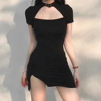 hollow out gothic split dress with metal chain women goth dark solid colors high waist o neck short sleeve dress cool girl dress