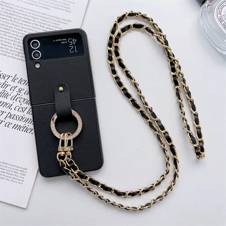 

Cute Rhinestone Bowknot Finger Ring Crossbody Phone Case For Samsung Galaxy Z Flip 4 3 Z Flip3 Flip4 5G Lanyard Leather Cover