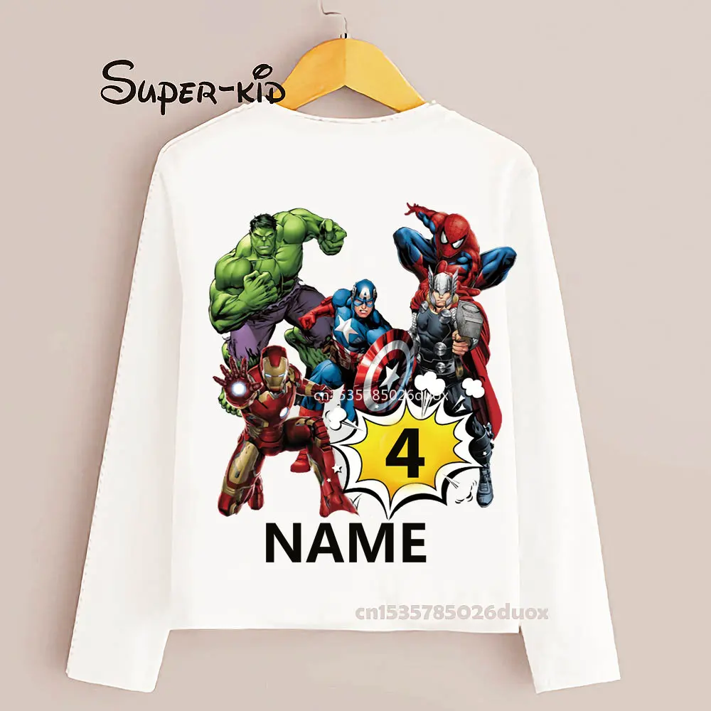 

MARVEL Spiderman Iron Man Hulk Birthday Autumn Bottoming Shirt 3 4 5 6 7 Year Personalize Name Birthday Boy Long Sleeve T-shirt