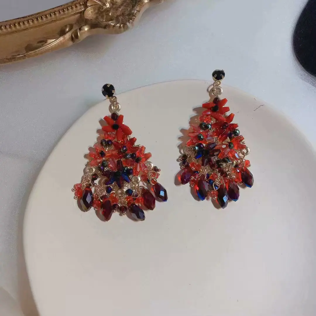 

Luxury Red Crystal Long Tassel Water Drop Statement Dangle Earrings Party Jewelry
