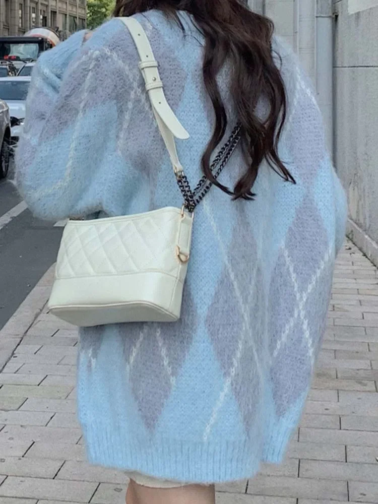 Кардиган оверсайз женские вязаные свитера Argyle зимние винтажные свободные пальто