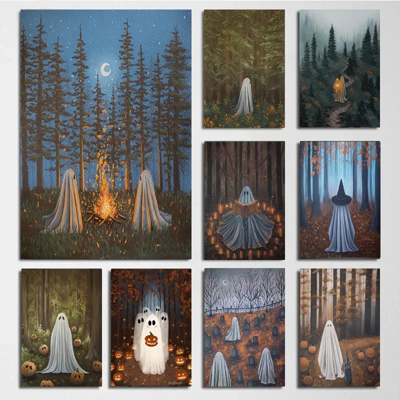 

Vintage Midnight Conjuration and Spooky Ghost Wall Art Canvas Painting Halloween Magic Witch Spellbook Art Poster Print Decor