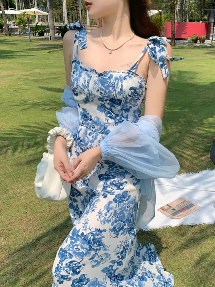 

Женское винтажное цельнокроеное платье, элегантное голубое пляжное платье на бретелях с оборками в Корейском стиле, лето 2022