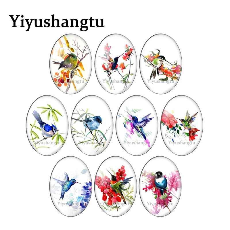 Милая красочная птица с цветами и листьями 13x18 мм/18x25 мм/30x40 мм Овальный фотостекло