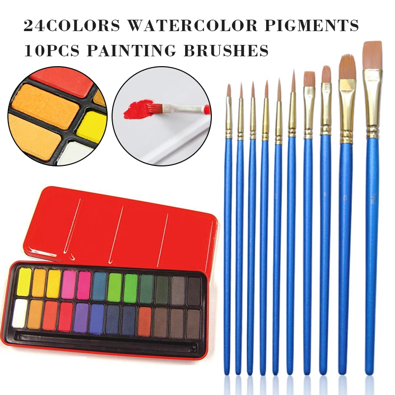 

New 24 Color Artists Solid Watercolor Pigment Paint + 10pcs Painting Brushes Set