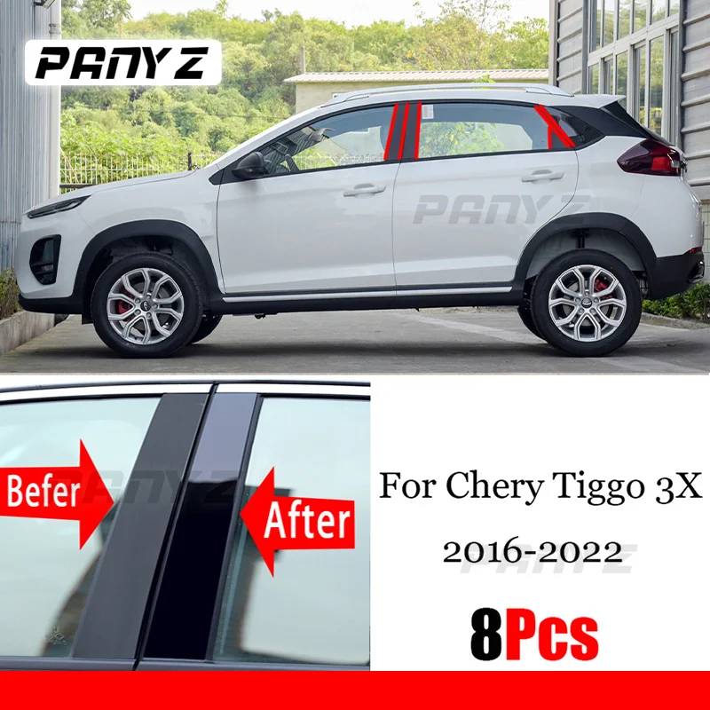 

8PCS Black Polished Pillar Posts Fit For Chery Tiggo 3X 2016 - 2022 Car Window Trim Cover BC Column Sticker Chromium Styling