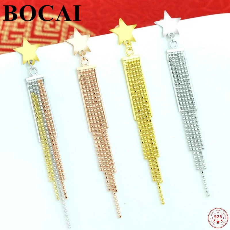 

BOCAI 100% S925 Sterling Silver Ear Drop Five-pointed Stars Long Tassel Color Earring Pure Argentum Valentine's Gift For Women
