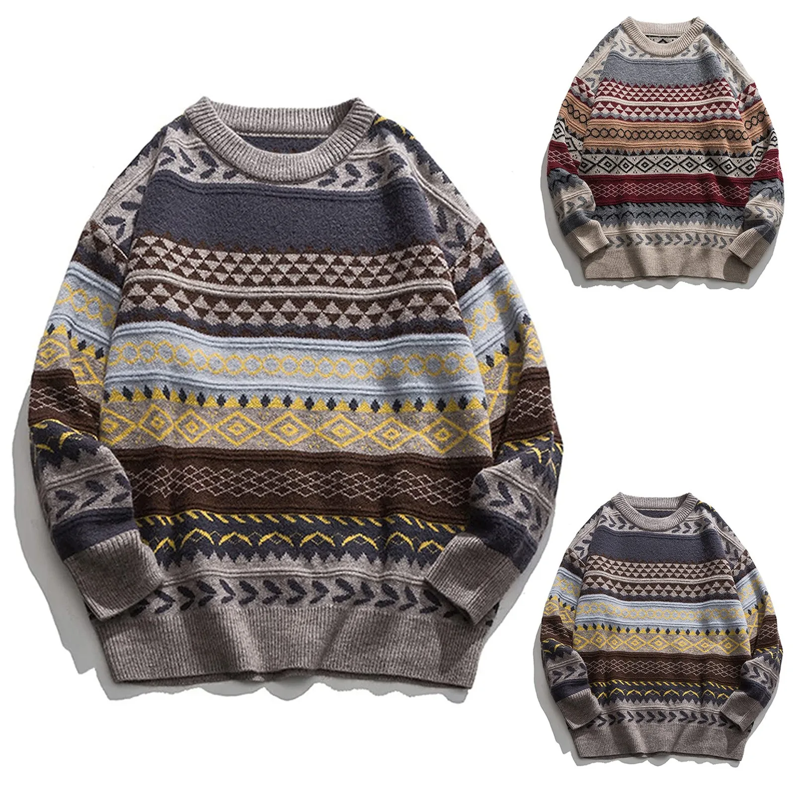 

Women's Crewneck Retro Stripe Sweater Color Block Long Sleeve Knit Loose Jumper Tops