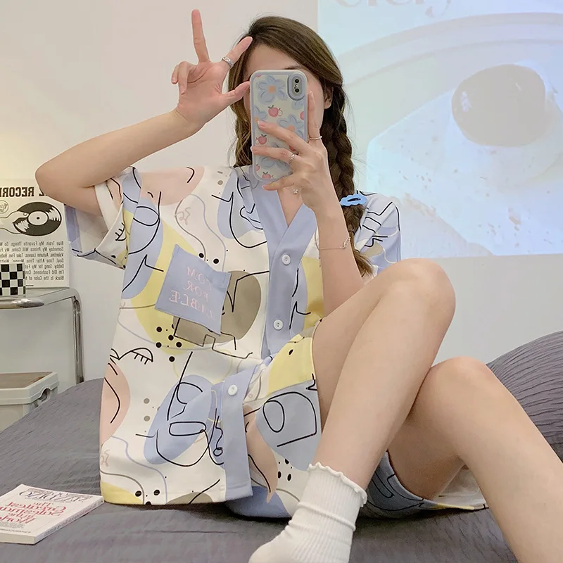 Cotton Women Pajamas Sets Strawberry Pyjamas Female Loungewear Button Pijamas Short Sleeve Top Shorts Suit Sleepwear Nightwear