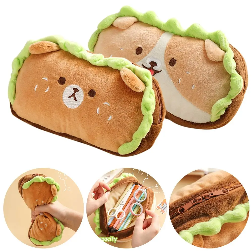 

Creative Student School Supplies Kawaii Large Capacity Storage Bag Plush Hamburger Dog Pencil Case Stationery Pen Bag