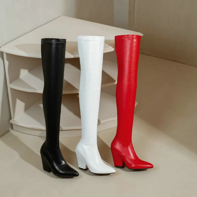Black Red White Women Over the Knee Boots PU Leather Pointed Toe Square High Heel Ladies Long Boots Fashion Zipper Dress Boots
