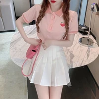 2022 summer new sweet college style girl short sleeved t shirt top female high waist pleated skirt suit two piece