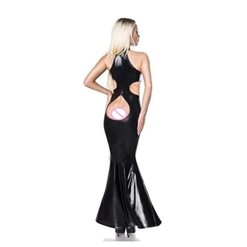 Сексуальное блестящее платье-Русалка из ПВХ с лямкой на шее без рукавов