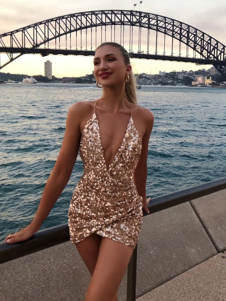 Sparkling Deep V-Strap Dress Fashion Dress Tight Sequins Sexy Irregular Dress