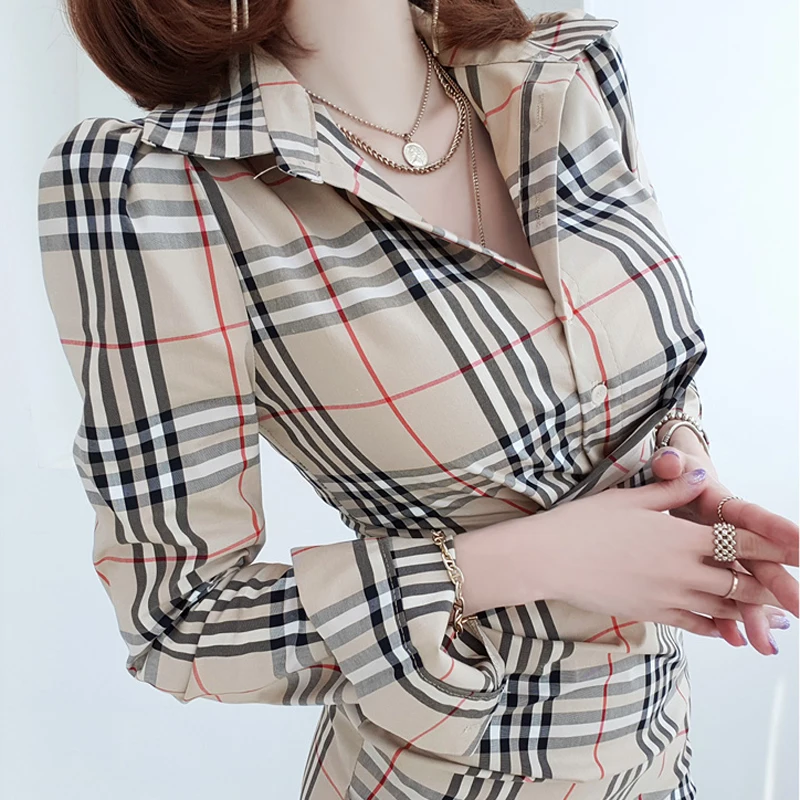 Высококачественная облегающая клетчатая юбка-рубашка с воротником-лодочкой