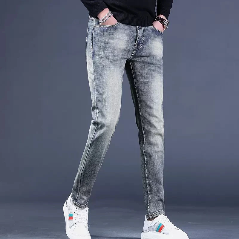 Men's Vintage Light Blue Jeans Autumn Streetwear Slim Fit Straight Pants Casual Cotton Scratched Denim Trousers CP2158