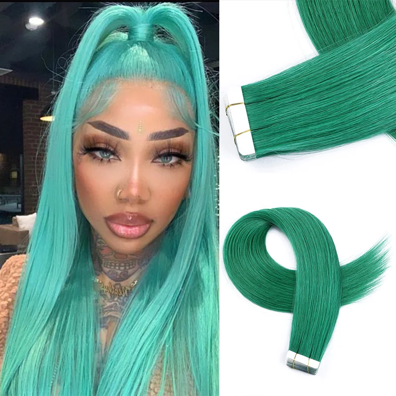 Tape In Human Hair Extensions Skin Weft Hair Extensions Adhesive Invisible Light Green Cosplay Silky Straight Human Hair