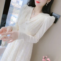 2022 spring autumn fairy puff sleeve knitted stitched mesh women dress robe femme v neck preppy ladies dresses