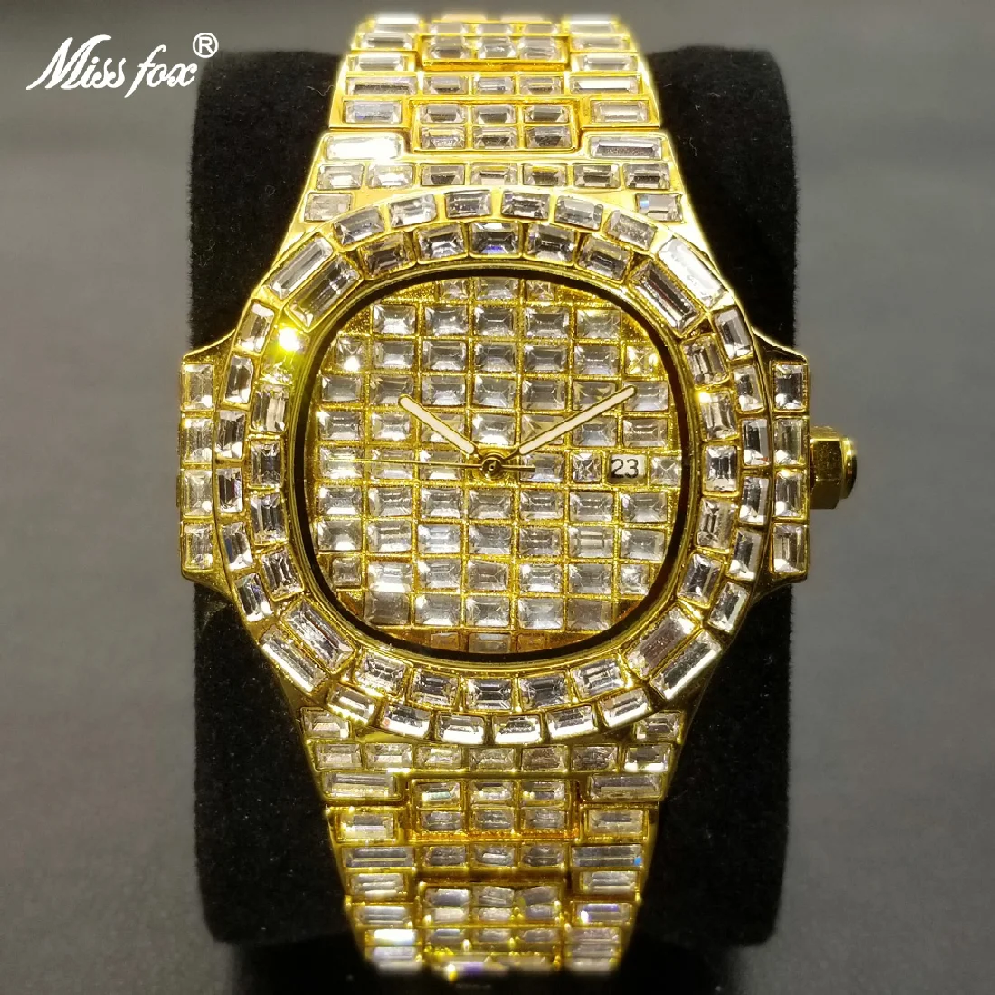 

MISSFOX 2022 Ice Out Men's Watches Top Brand Stainless Steel Quartz Clock Luxury Hip Hop Full Diamond Bling Gold Male Watch Gift