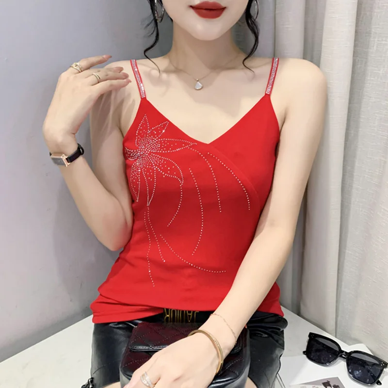 

Women's Tank Tops New 2023 Summer Sleeveless Sexy V-Neck Hot Drill Mesh T-Shirt Elegant Slim High Stretch Clothes