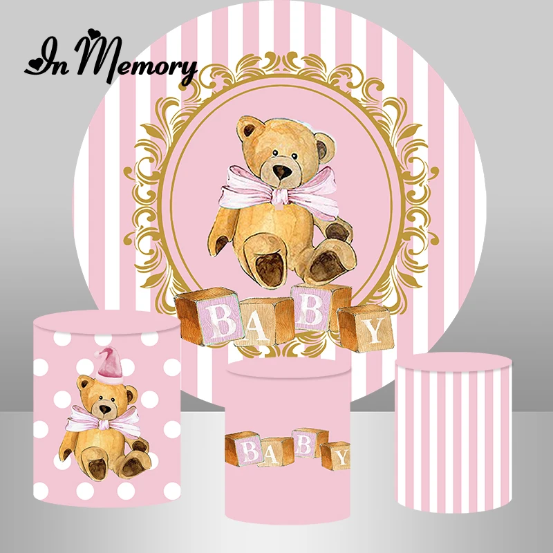 

Cute Bear Theme Round Backdrop Cover Girls Pink Newborn Baby Shower 1st Birthday Party Circle Background Cylinder Covers