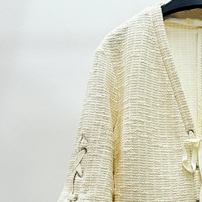 

2023 Early Autumn New Women V-neck Waist Belt Tweed Dress