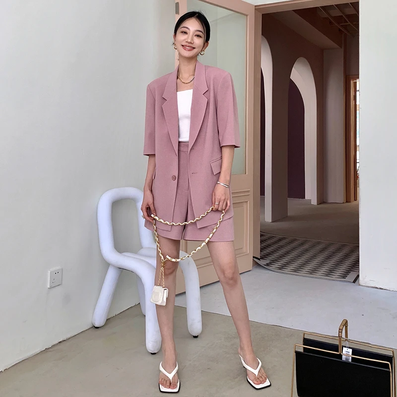 2023 Summer New Formal Two Piece Suits Women Korean Fashion Loose Short Sleeve Blazers High Waist Shorts Sets Office Ladies