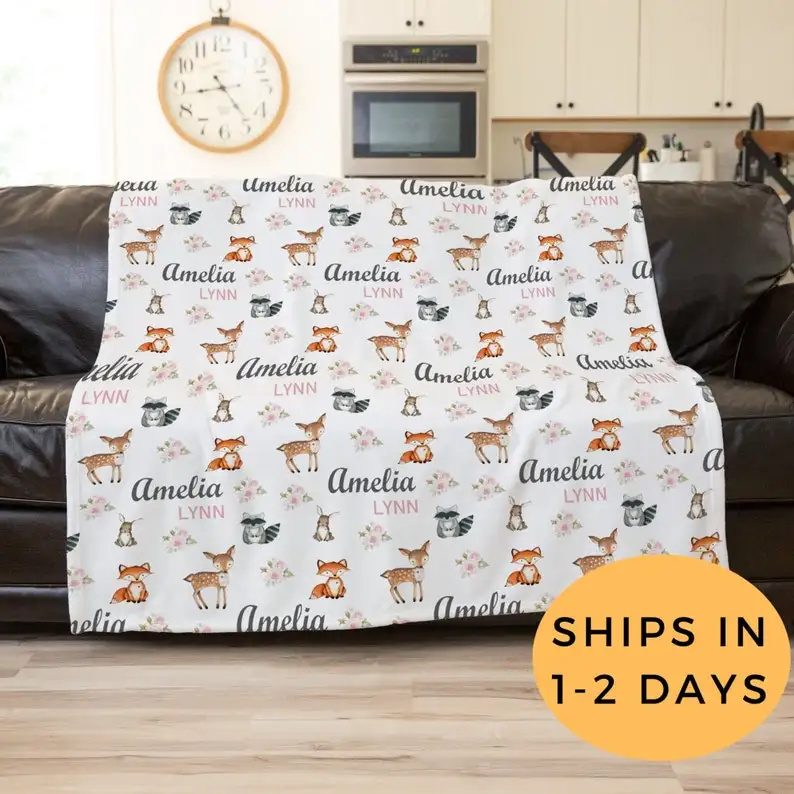 

Woodland Baby Blanket, Woodland Animals Baby Blanket, Toddler Nap Blanket, Personalized Kids Blanket, Custom Name Blanket, Fox B