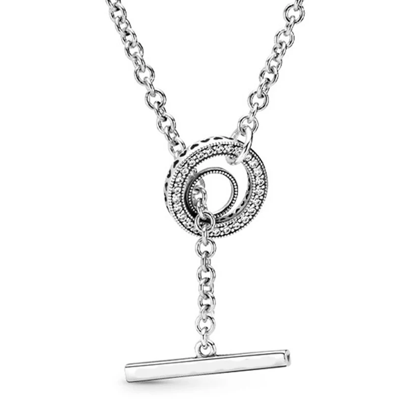 

Original Pave Circle T-bar Heart With Crystal Necklace For 925 Sterling Silver Bead Charm Bracelet Fashion Diy Jewelry