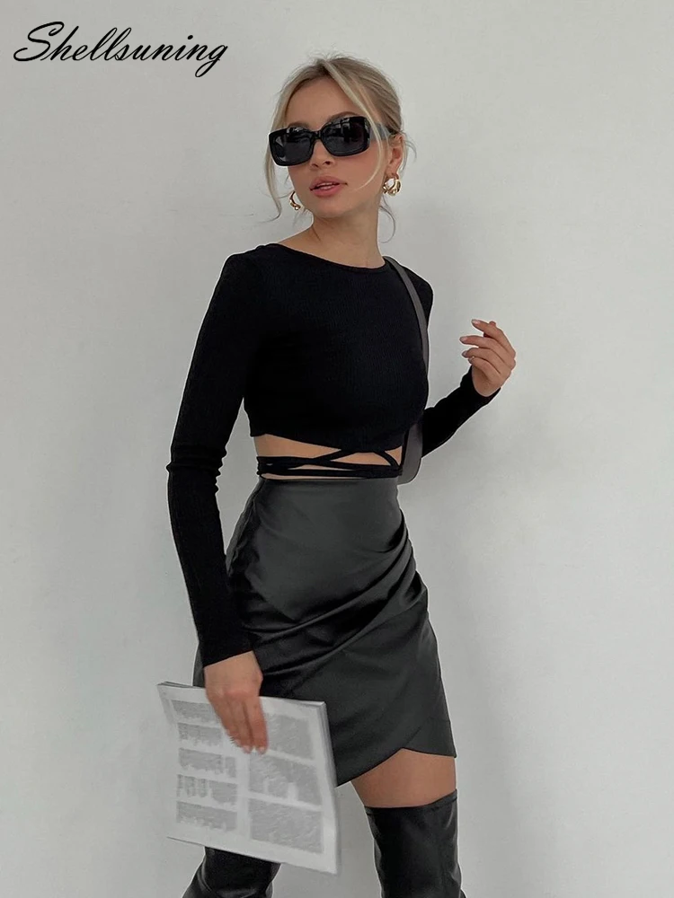 

ShellSuning Sexy High Waisted Leather Skirt Women Autumn Solid Color Sexy Pack Hip Zipper Mini Skirt Club Fashion Black Skirts