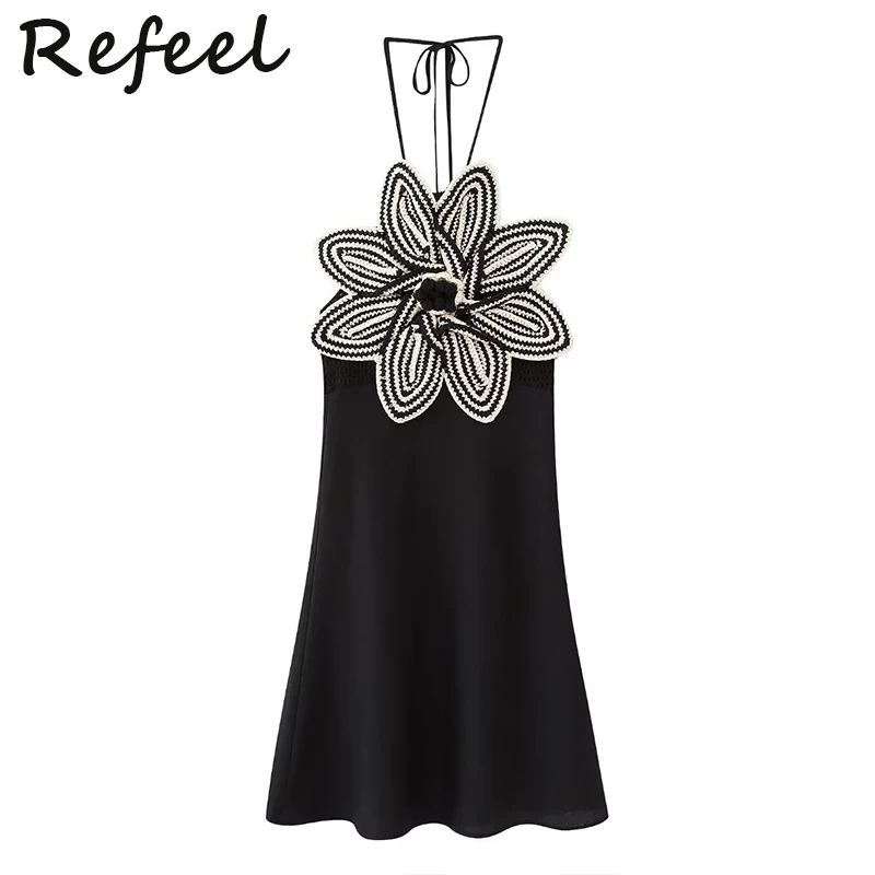 

Refeel Halter Mini Dress Floral Embroidery Slim Fit Black Short Sleeveless Backless Y2k 2023 Summer Party Prom Vestidos