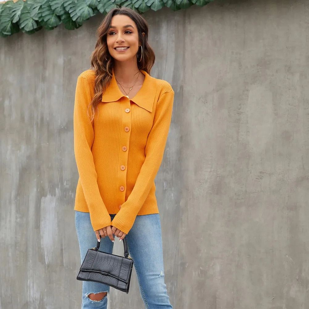 

Women Ribbed Knitted Cardigan Sweater Long Sleeve Lapel Collar Knitwear Fashion Design Sexy Slim Coats Spring Fall Tops Ladies