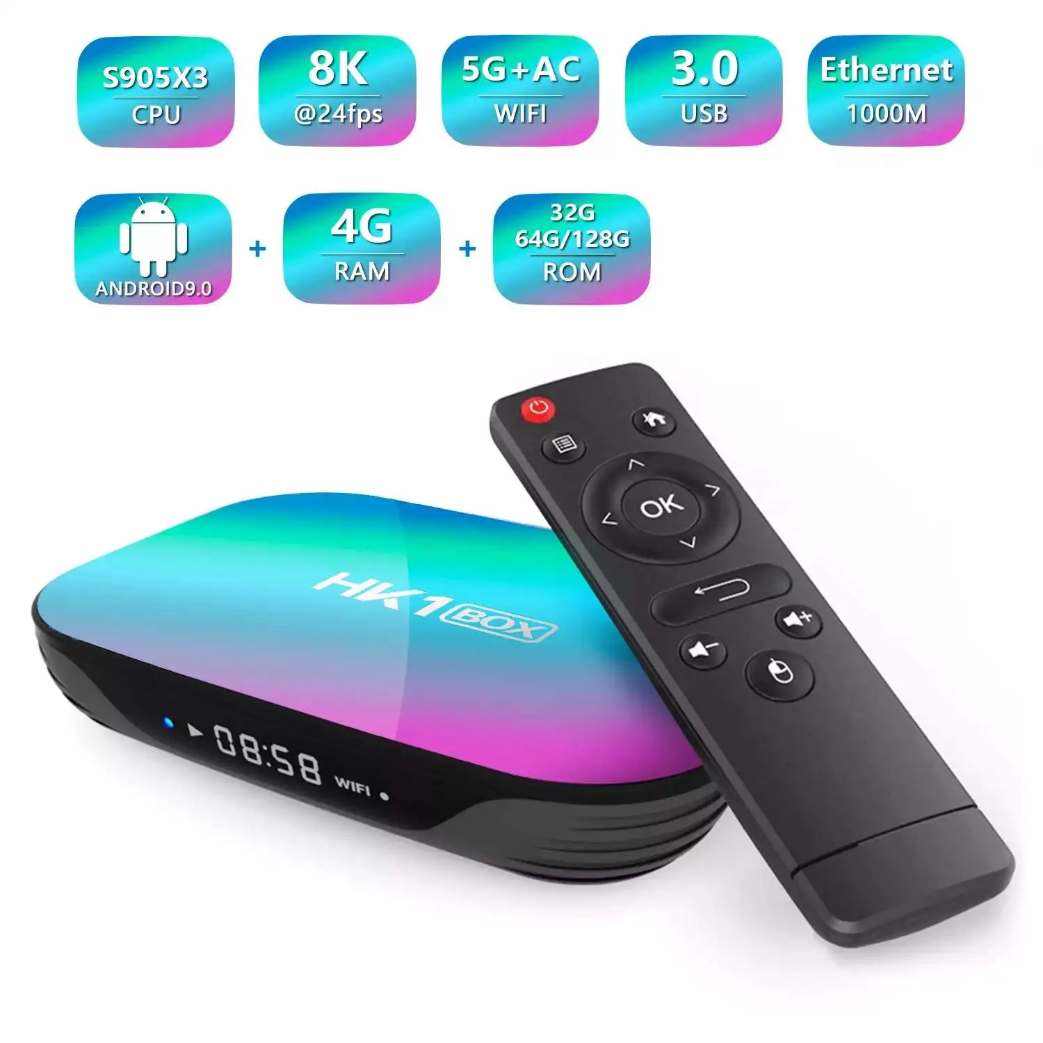 

ТВ-приставка HK1, Android 128, Amlogic S905X3, 4 + 1000 ГБ, Bluetooth, 4K
