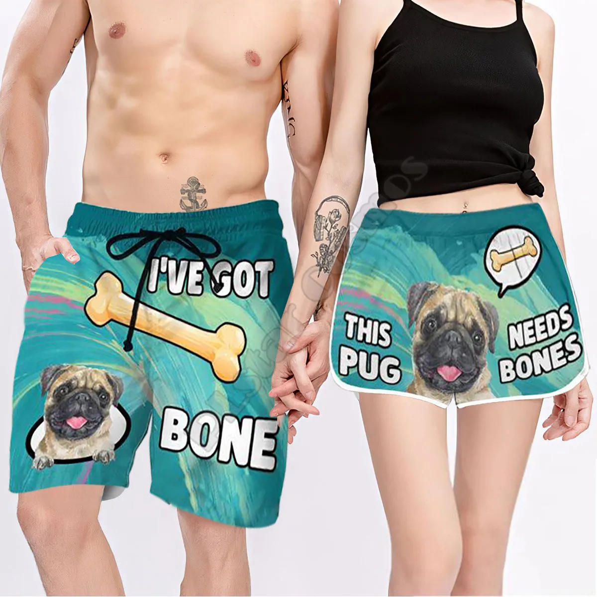 

Couple Matching I’ve Got Bone This Pug Needs Bones Printed 3D Elastic Waist Summer Quick Dry Beach Shorts Swimming Trunks