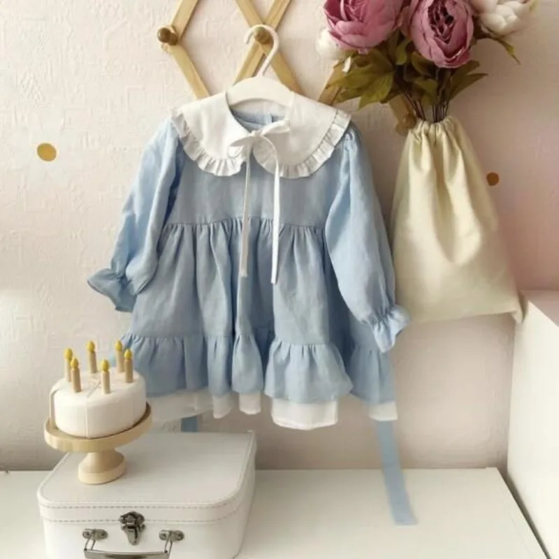 

2023 INS Girls Cotton Linen Dress Lolita Princess Dress Back To School Lovely Doll Collar Children's Autumn Vintage Vestidos