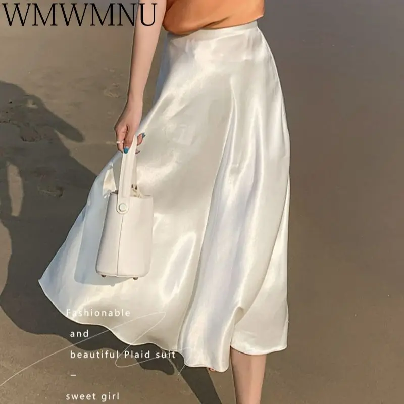 

2022 New Korean Chic Satin Skirts A-line Imitation Silk Vacation Sunscreen Dress Fashion Solid Bottom Wear Lightweight Casual