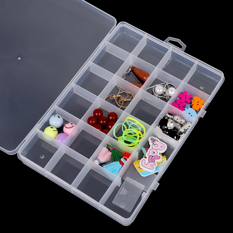 

24 Grid Plastic Adjustable Transparent Jewelry Ring Earrings Box Case Portable Organizer Storage Box Travel Bins ,19x13x2.1cm