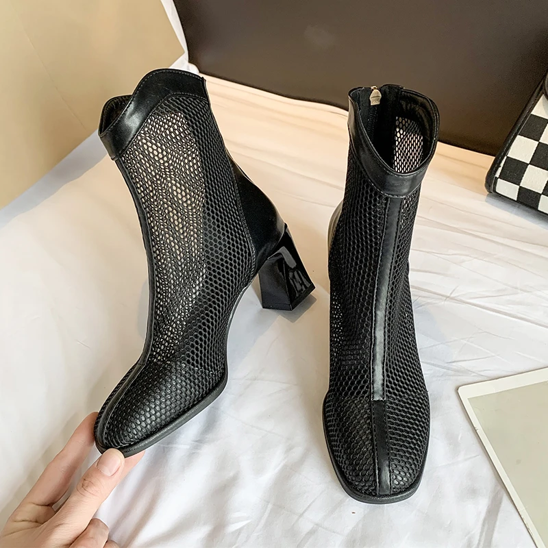 

2022 Women Ankle Boots Sexy Pointed Toe Mesh Yarn Square heel Sandals Catwalk High Heels Gladiator sandals Woman