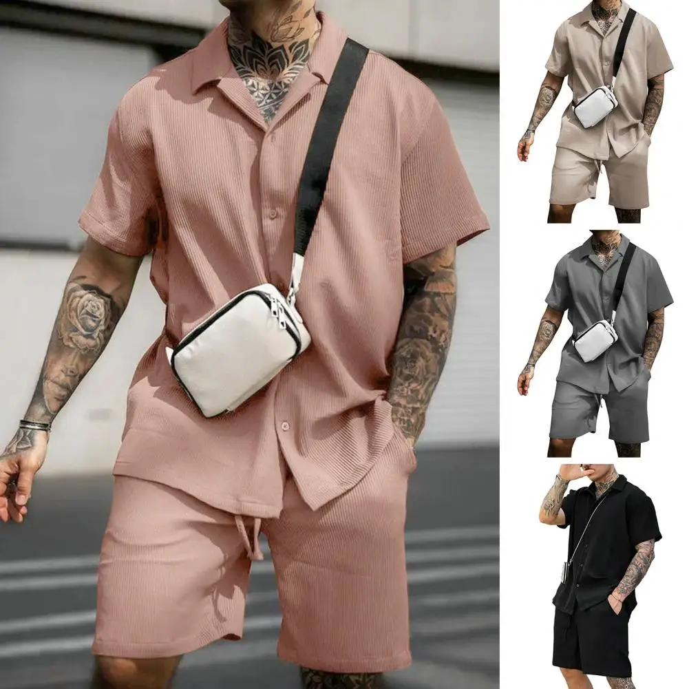 2Pcs/Set Men Casual Outfit Lapel Short Sleeve Shirt Elastic Waistband Drawstring Wide Leg Shorts Set Solid Color Tracksuit
