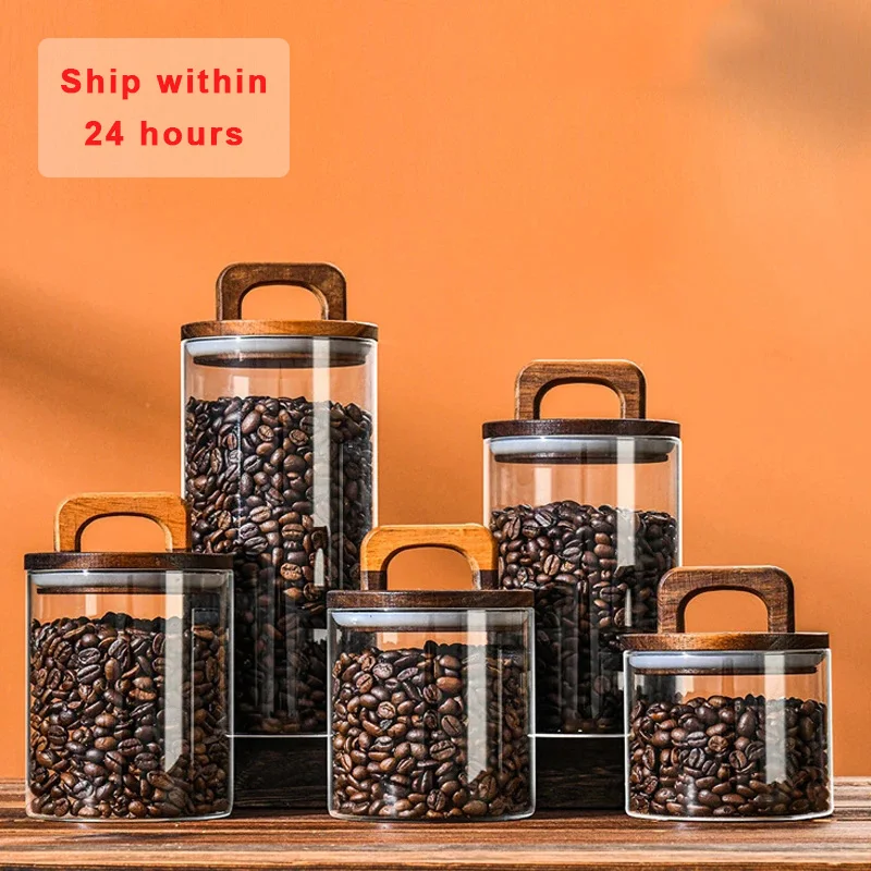 

Glass Candy Canister Beans Wood Container Grounds Bottles Food Airtight Jar Tea Jar Coffee Storage Jar Sealed Kitchen Lid