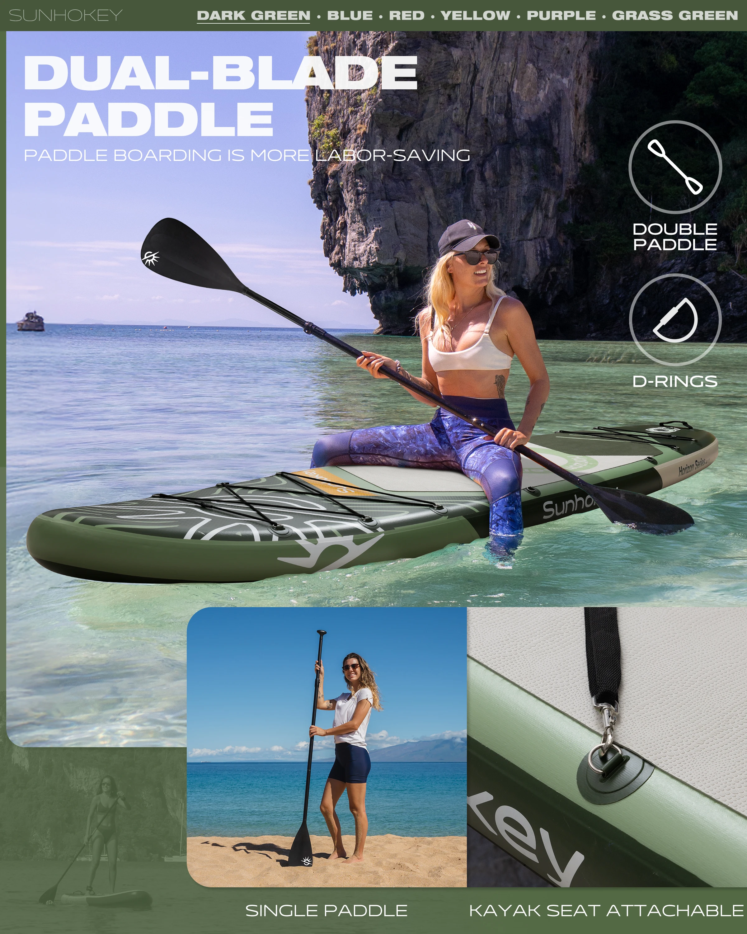 Фото Надувная SUP-доска SUNHOKEY Dark Green 11'x34