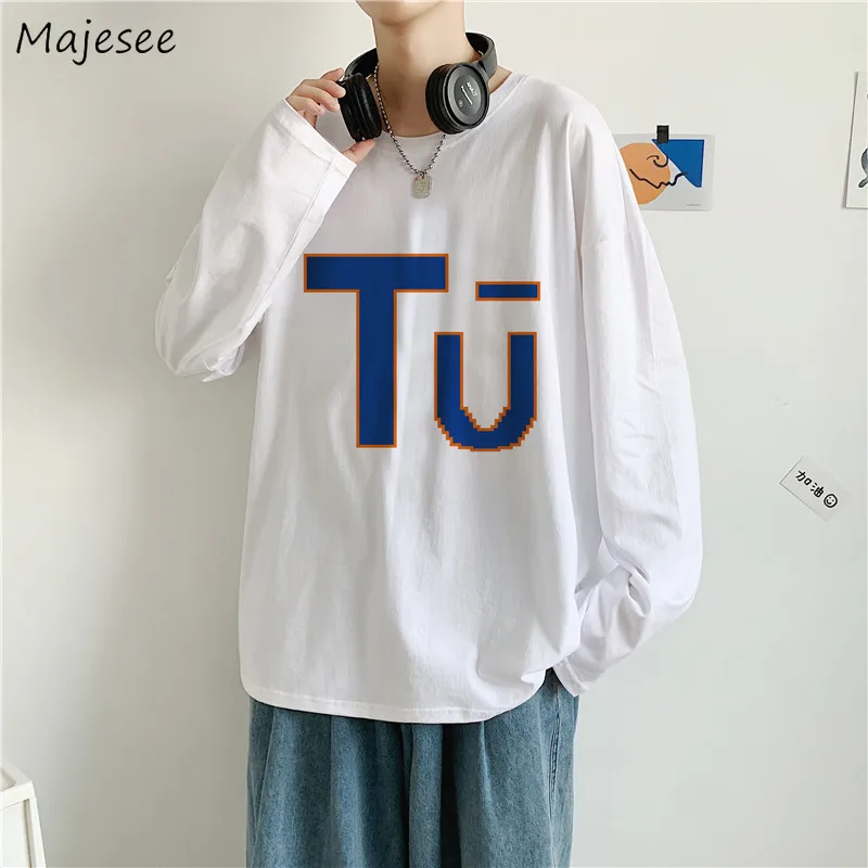 

T-shirts Men Autumn Print Japanese Fashion All-match Couple O-neck BF Oversize Streetwear Simple Camisetas Retro Clothing Daily