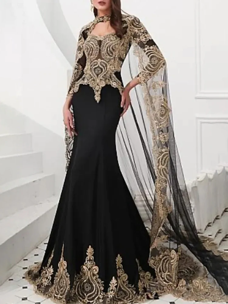 

Sparkle Evening Dress for Women High Neck Long Sleeve Mermaid Court Train with Appliques Party Formal Occasion للحفلات الراقص