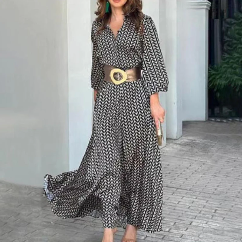 

Casual Print Long Sleeve Commuter Dress Fashion High Street Bohemian Dress Spring Summer Women Turn-down Collar Shirt Maxi Dress