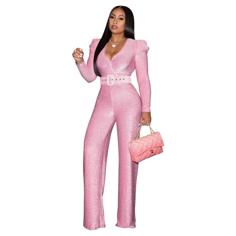 

Zoctuo Overalls Fashion Rompers Women's Solid Color Bubble Sleeve Back Zipper Jumpsuit With Belt Wide Leg Long Pants Combination