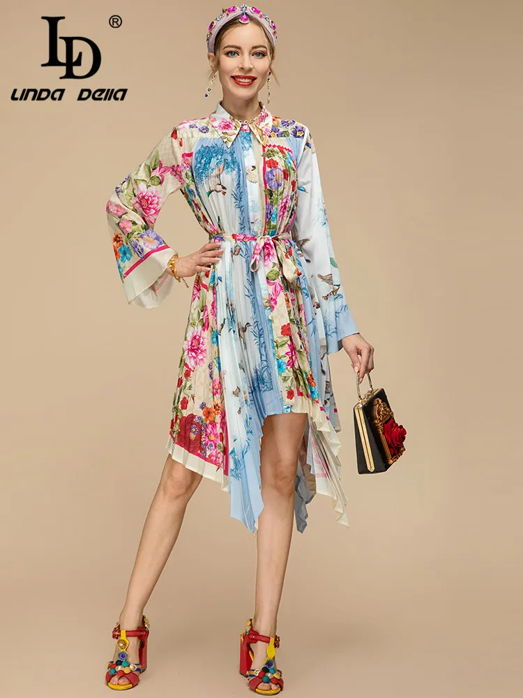 

LD LINDA DELLA Fashion Runway Spring Asymmetrical Midi Dress Women's Long sleeve Belted Holiday Flower Print Elegant Party Dress