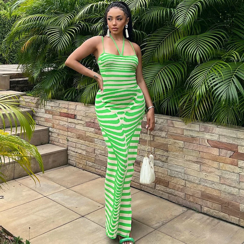 

2023 elegant casual dress,Sexy Strap Hanging Neck Tight Dress Open Back Split Wrap Hip Skirt Stripe Print Long Dress