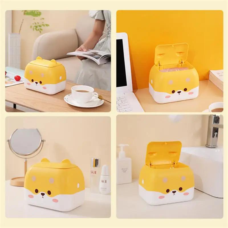 

With Cover Desktop Trash Can 17.5×12×15cm Cute Appearance Cheese Dog Storage Box Press Type Waste Bins Garbage Basket Cartoon Pp