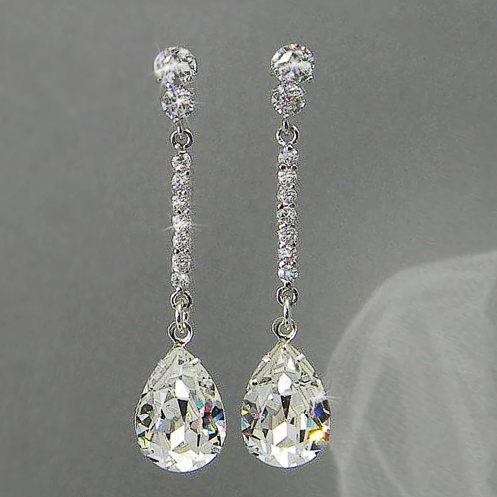 

Huitan Luxury Women Long Hanging Earrings with AAA Pear Cubic Zircon Simple Elegant Bride Wedding Earrings High Quality Jewelry